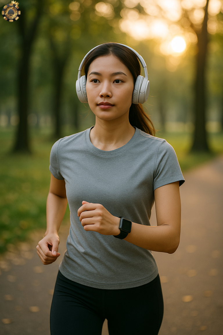 Wanita dengan headphone sedang menikmati refleksi jalan kaki romantis di taman pagi hari.