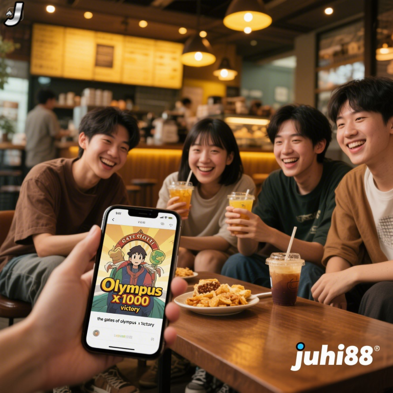 Kumpulan remaja Asia sedang nongkrong di warung kopi, tertawa santai sambil menikmati minuman dan cemilan, salah satu dari mereka menunjukkan layar smartphone berisi kemenangan Gates of Olympus x1000, dengan logo juhi88 di pojok gambar.