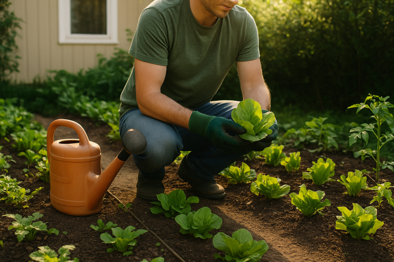 Pria sedang berkebun di pekarangan rumah sambil memegang tanaman selada dengan latar suasana sore yang tenang