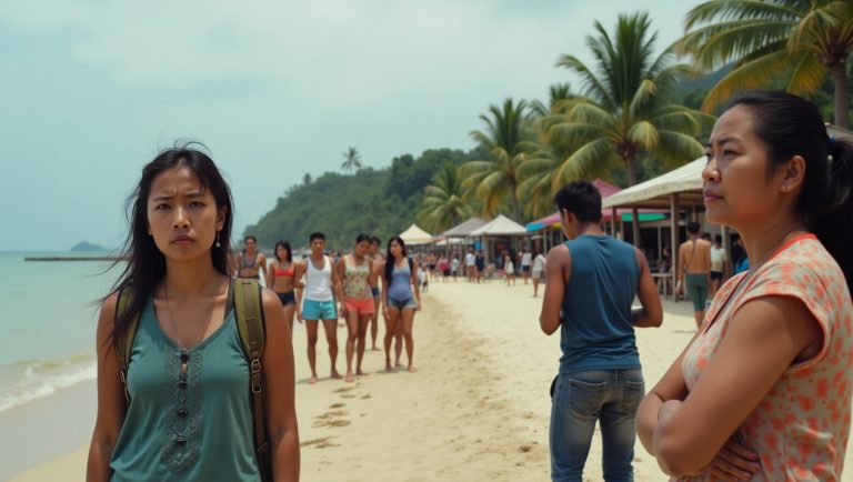 suasana Pantai Air Manis Padang, beberapa wisatawan terlihat kecewa setelah menjadi korban pungli, dengan latar belakang warung, penjaja pantai, dan pemandangan laut.