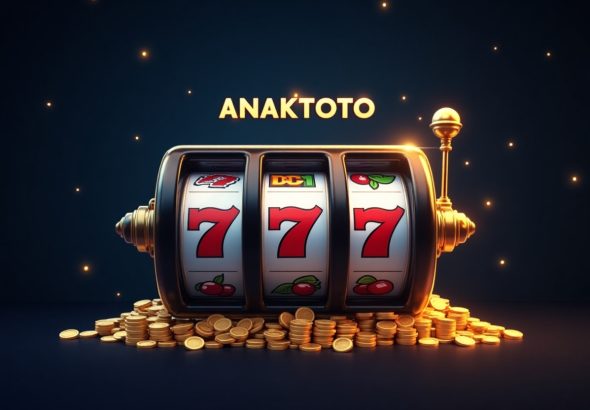 Logo ANAKTOTO dengan desain elegan di depan mesin slot online dengan simbol jackpot
