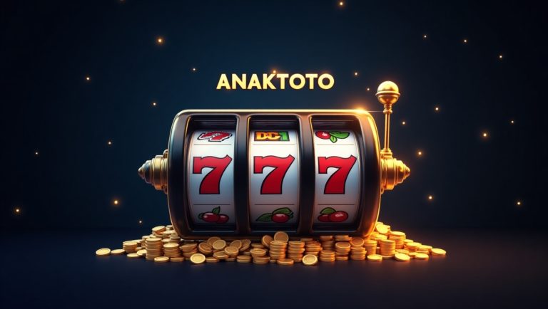 Logo ANAKTOTO dengan desain elegan di depan mesin slot online dengan simbol jackpot